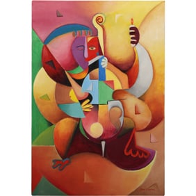 Juan Carlos Garcia 1999, Colorful Cubism Figures Composition Oil on Canvas Painting 24 in. x 36 in.