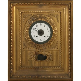 Antique Early 1800 Austrian Gilt Brass and Wood Picture Frame Wall Clock, Works Replaced