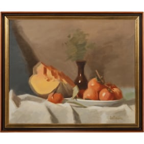 Signed DiMauro, Fine Quality 20th C. Oil on Canvas Painting Still Life with Melon, Fruit