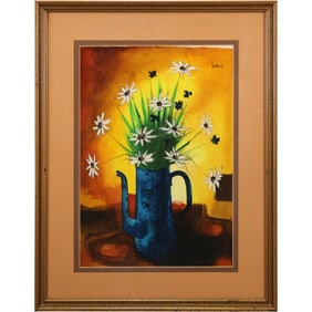 Signed Paillond, Still Life Oil Painting Daisies in a Pitcher