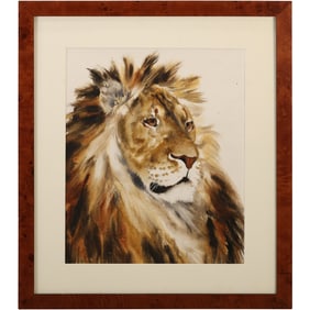 Sandra Finkenberg, Signed Watercolor Painting Portrait of a Lion, Framed