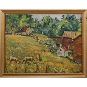 Ella Arnold, Kansas, Oil Painting of a Working Farm with Barnyard Animals, Signed