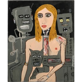 Oil Painting on Canvas in the style of Jean-Michel Basquiat, XM-75, Woman, Cat, Robots