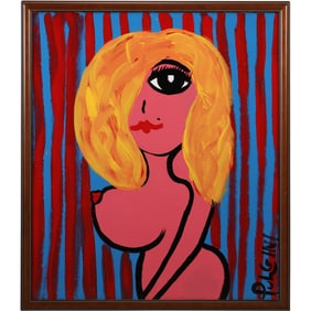 Thomas Pulgini, American, Pop-Art Abstract Oil on Board Painting, Nude Woman Portrait