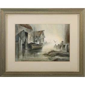 George Bjorkland, American, Watercolor Painting Misty Morning Fishing Boat at The Docks, Signed