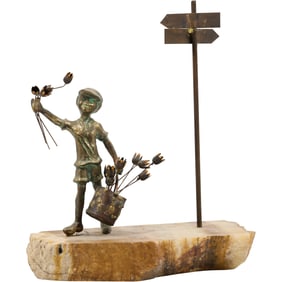 Brian Bijan, Brutalist Mid-Century Boy Holding Flowers Under a Street Sign mounted on Stone Base