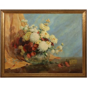 Signed H C Funk, Vintage Oil Painting Still Life Flowers in a Vase on Draped Linen