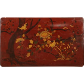 Lacquered Asian Wood Panel with Birds and Flowers 14 in. x 24 in.