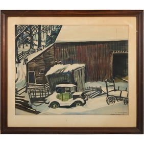 Frederick Rockwell 1942 [b. 1917, Maine] Watercolor Painting "Vermont Barnyard" with Antique Auto