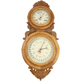 Carved Wood Case Double Dial Wall Calendar Clock 30.5 in. length x 13 in. wide