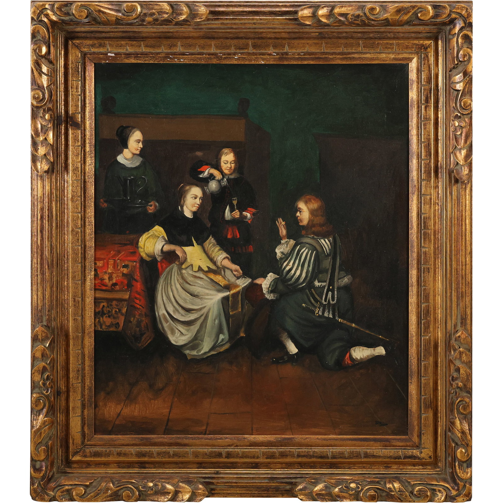 "Presentation of the Medallion" after Caspar Netscher, 17th-century Dutch painter, 20th C. Painting (1 of 16)