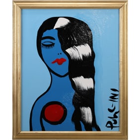 Thomas Pulgini, American, Pop-Art Abstract Oil on Board Painting Portrait of Blue Woman