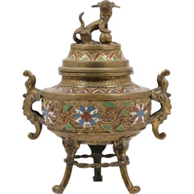 Antique Japanese champlevé bronze incense burner, also known as a koro or censer.
