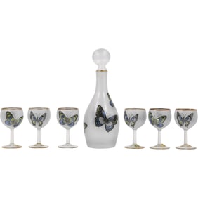 Frosted Glass "Butterflies" Decanter with 6 Matching Stemmed Goblets