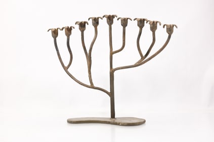 Vintage Sculptured Copper Finish Iron Metal Menorah 13.5 in. height x 17.5 in. wide