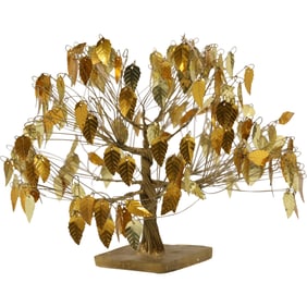 Vintage Metal Gold Leaf Tree Sculpture Statue Shimmering Gold Leaves Dream Tree 7.5 in. height