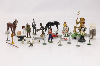 Assortment of Vintage Cast Metal and Lead Toy Figures, Amimals, Street Signs, Automobile, Trucks