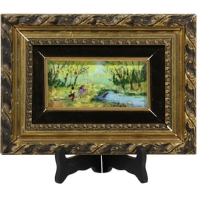 Signed Shizfaldz, Enamel on Copper Art Children Chasing Pond Boat on Stream, Framed