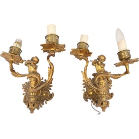 Pair 19th C. French Bronze 2-Light Wall Sconces with Cherubs Playing Flutes, Gold Gilt Patina