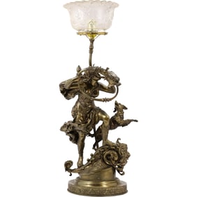 Fabulous Cast Metal Spelter Newel Post Lamp NeoClasscal Man Blowing Horn, Dog, Bronzed Patina