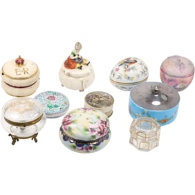 10 Assorted Dresser Boxes, Containers in Ceramic, Porcelain and Glass - Variety - SEE PICTURES