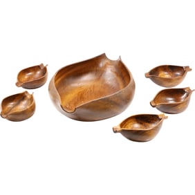 6-Piece Monkey Pod wood Serving Bowls Shaped Like Leaves, 1 Large Bowl, 5 Smaller Bowls