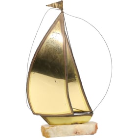 Brutalist Brass & Copper Torch Art Sailboat Sculpture Mounted on an Onyx Base 17 in. height