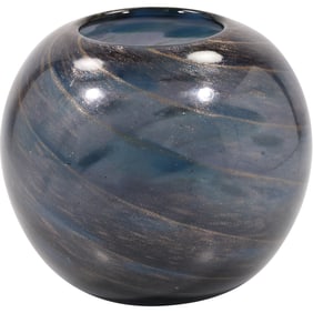Mid-Century Blue Swirl Murano Art Glass Rose Bowl with Gold Dust Accents 7.5 in.