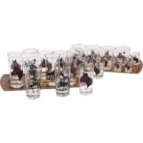 24 Pieces Vintage Bridled Horse Equestrian Highball, Cocktail & Shot Glasses Barware + 2 Trays