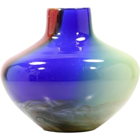Made in Poland Multi Rainbow Colors Art Glass Vase, Original Labels 11 in. height x 11.5 in. wide