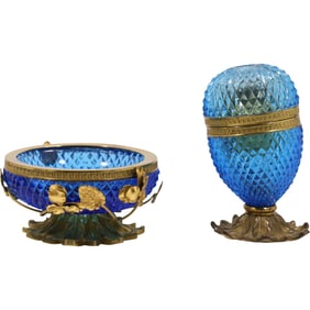 French Blue Glass Small Bowl with Ormolu and French Blue Glass Egg Table Top Lighter