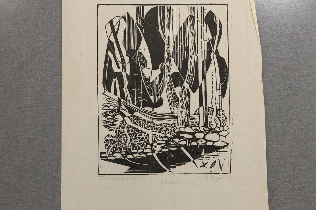 Robert Angeloch 1922-2011, Woodcut, Signed, Dated 1949 "Trees and Fence", 3rd State (1 of 11)