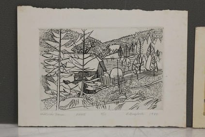 Robert Angeloch 1922-2011, [3] Assorted: 2 Etchings: Churchtard #10/10, Hillside Farm #9/10