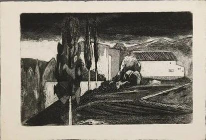 Robert Angeloch 1922-2011, Unsigned, Etching of Landscape with Barn