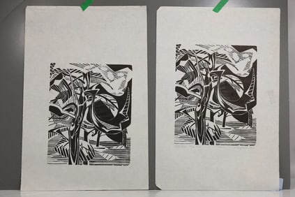 Robert Angeloch 1922-2011, [2] Woodcuts: 1 Signed, "Three Trees", WD#4903, 10 x 8