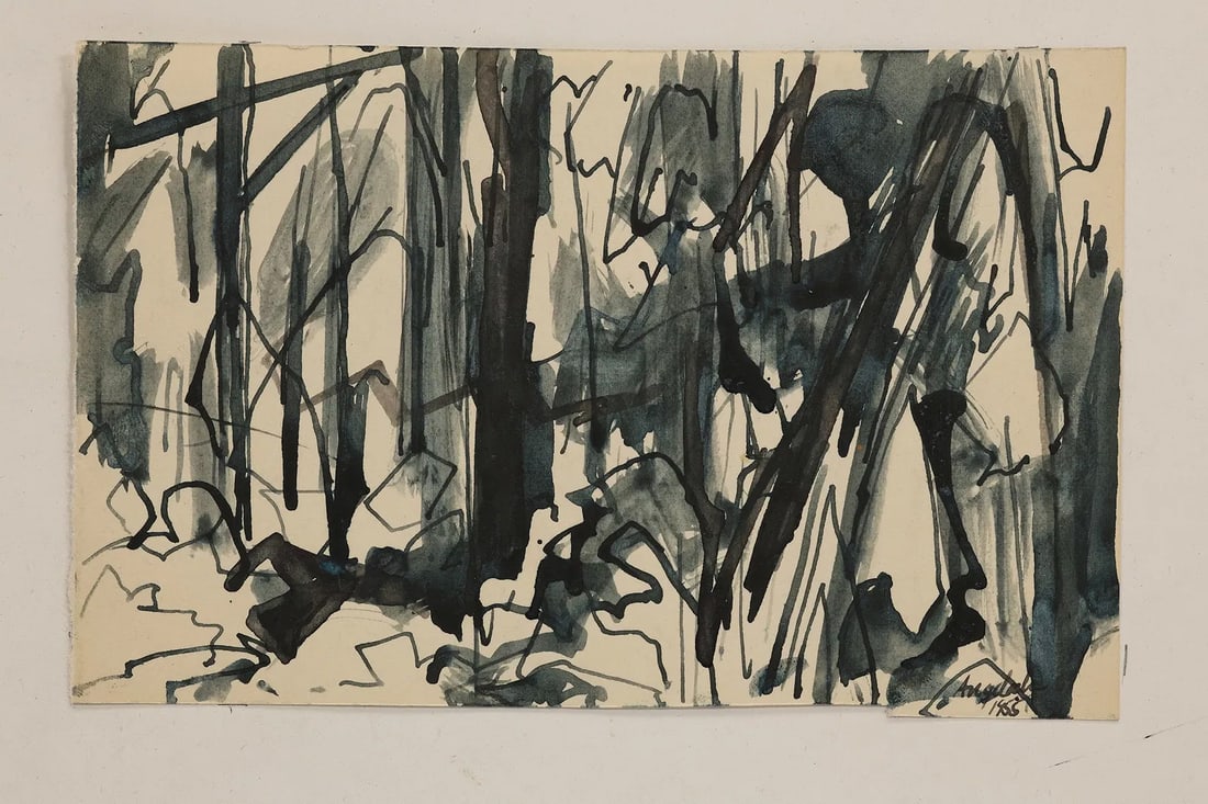 Robert Angeloch 1922-2011, Watercolor Painting on Paper, Signed, Dated 1955, Woodland Scene: Robert Angeloch 1922-2011, Watercolor Painting on Paper, Signed, Dated 1955, Woodland Scene. size: 3.5 x 5.5 ; Robert Henry Angeloch (1922 - 2011) was active/lived in New York. Robert Angeloch is know