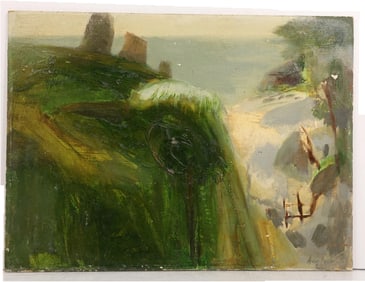 ROBERT ANGELOCH 1922-2011 Woodstock NY - "SHORE CLIFF" Oil on Board Painting , Signed on front