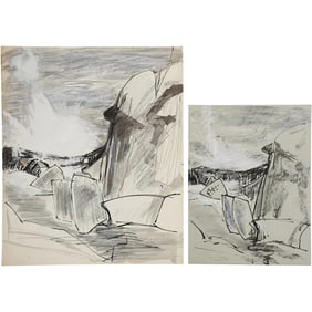 Robert Angeloch, Unsigned, Watercolor & Ink Drawing on Paper, Rocky Coastal Seascape