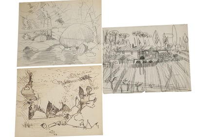 Robert Angeloch, 3 Ink Drawings and Pencil on Paper Signed and Dated 1956, Landscapes