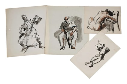 Robert Angeloch, 4 Assorted Unsigned Ink Drawings on Paper, Nudes, Cello Player