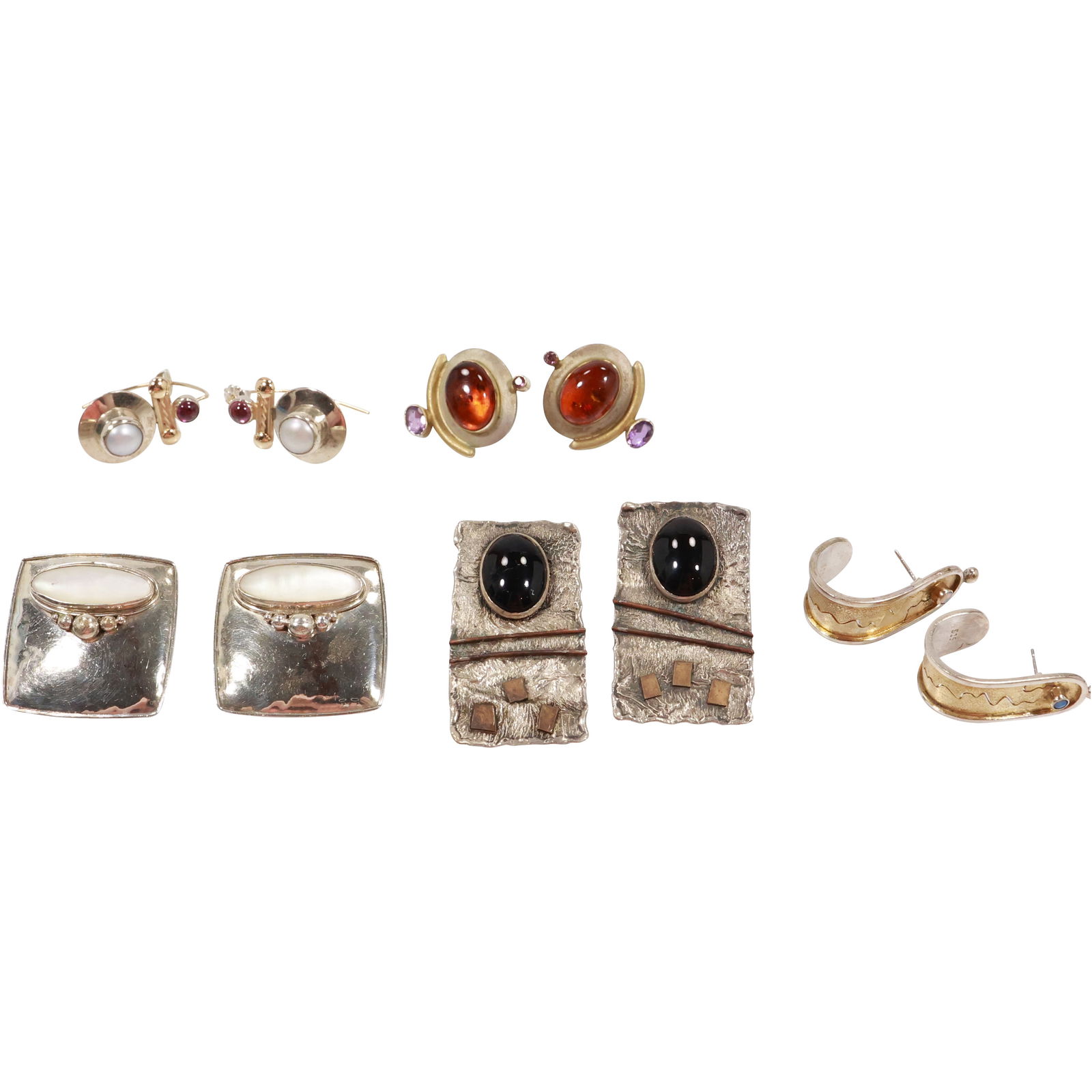Sterling Silver and MOP Pierced Earrings 1.25 in. dia.; Sterling and Black Onyx with Copper Detail