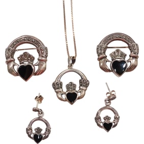6 Piece Sterling Silver and Marcasites, Black Onyx Claddagh Set: 18 in. Chain, 1 1/4 in. x 1 in.