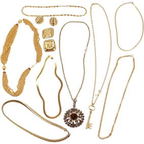 8 Heavy Gold Tone Costume Fashion Necklaces 30 in. to 18 in.; 18K PG Nugget Chain; Deidre