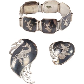 3 Piece Siam .925 Sterling Silver 2 Pins and a Bracelet: Siam Black Enameled Bracelert ; .925