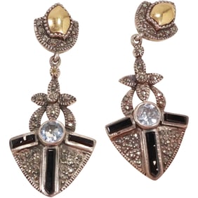 Quality 1920s-30s Art Deco Sterling Silver & 18K Gold with Blue Topaz, Black Onyx Earrings