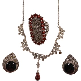 .925 Sterling Silver with Marcasites and Garnet Pendant Necklace 16 in. x 1 1/2 in.; .925 Black Onyx