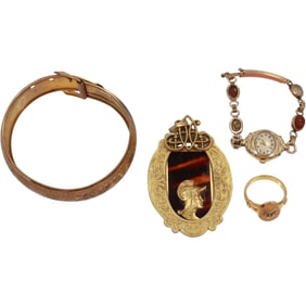 Victorian Gold Tone Scrolled with Black Enamel Buckle Bangle 2 3/4 in. x 2 1/2 in. ; Gruen Guildite