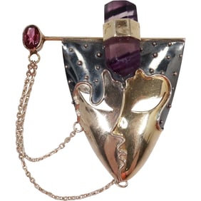 Sterling Silver Goddess Face Pin with Amethyst Stones 2 1/4 in. x 2 in.
