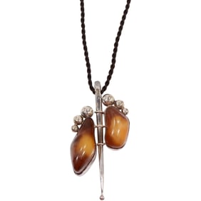 .925 Artsy MCM Pendant with 2 Large Amber Stones Necklace 18 in. rope, 3.5 in. x 2 in. pendant