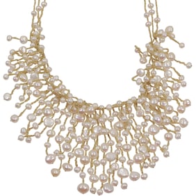 14K Clasp with Gold Tone Threading with Freshwater Cultured Pearls Necklace, C. 1930s, 17.5 in.